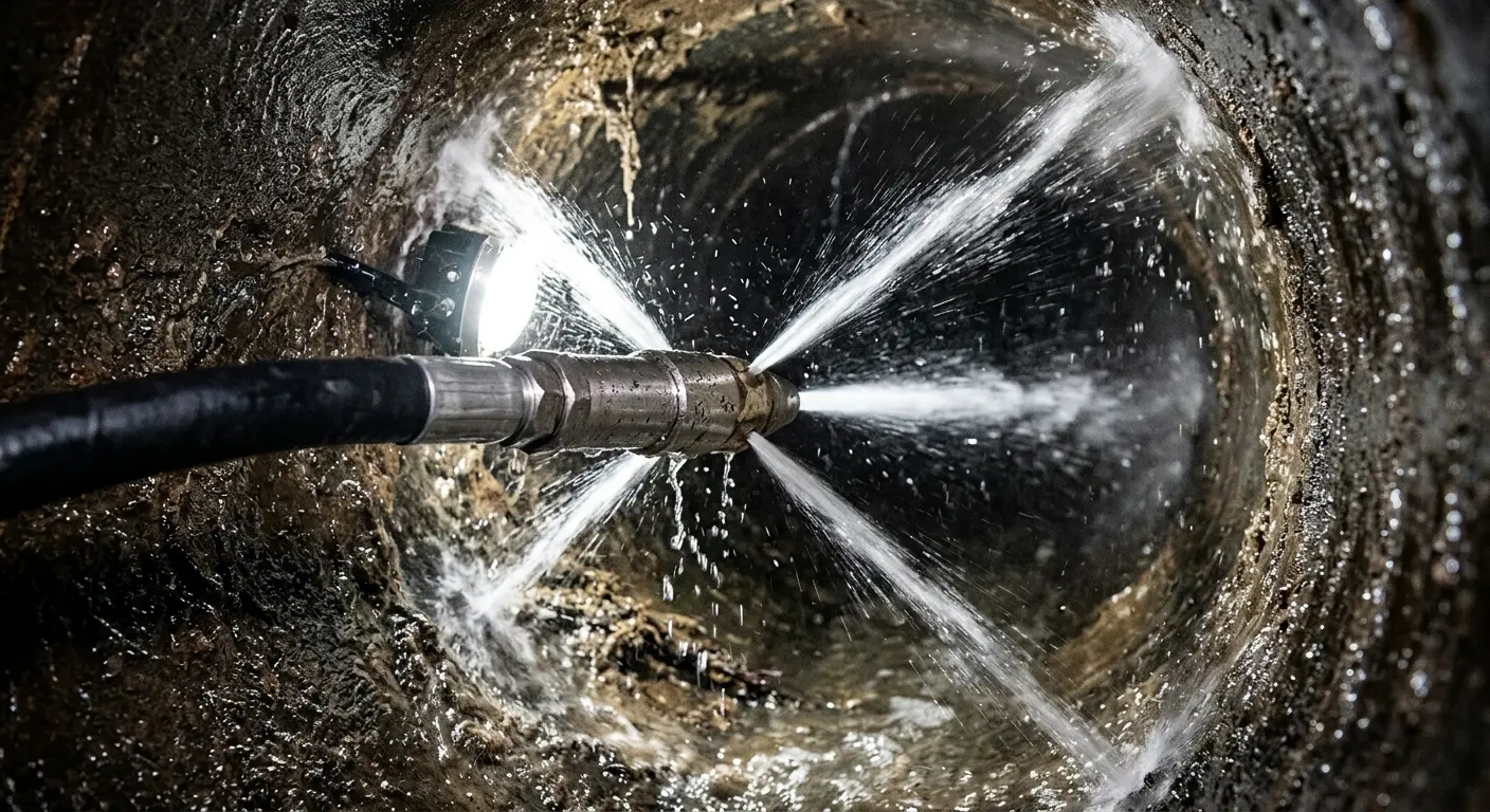 High-pressure hydro jetting nozzle cleaning sewer pipe for Sewer Line Relining in Gonzales