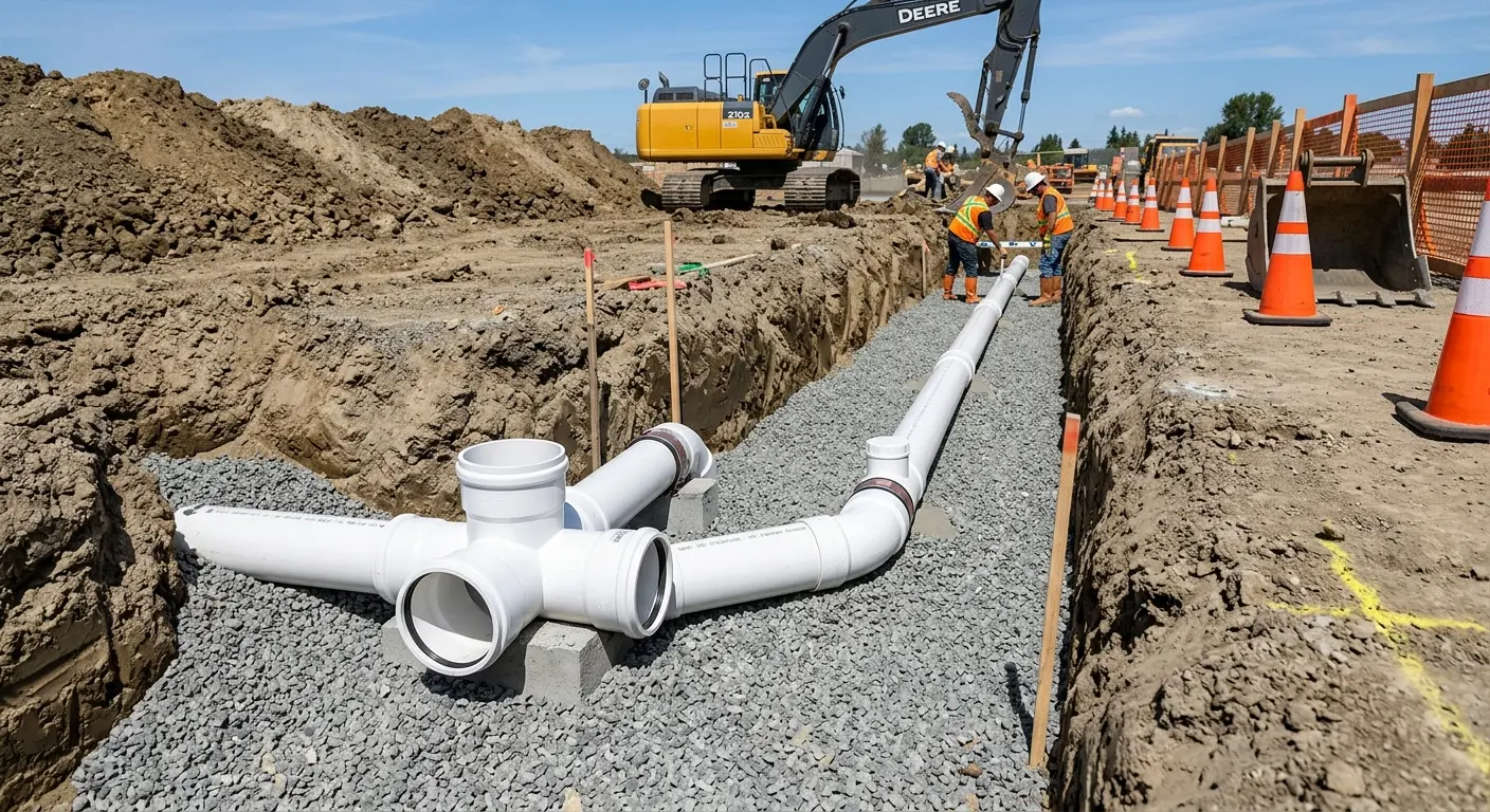 New PVC sewer pipe installation in open trench for Grease Trap Cleaning in Gonzales