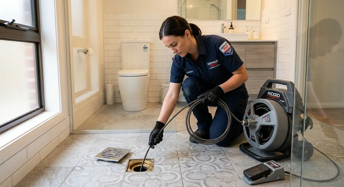 Technician clearing a bathroom floor drain for Drain Repair in Gonzales